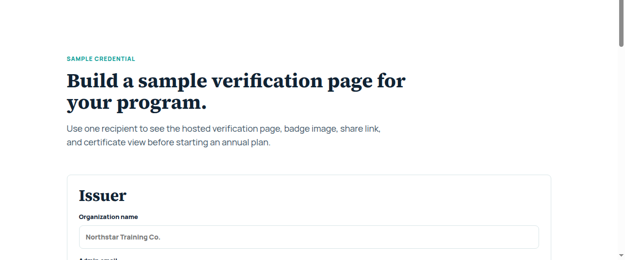 Credential builder with training certificate fields and issuer brand settings.