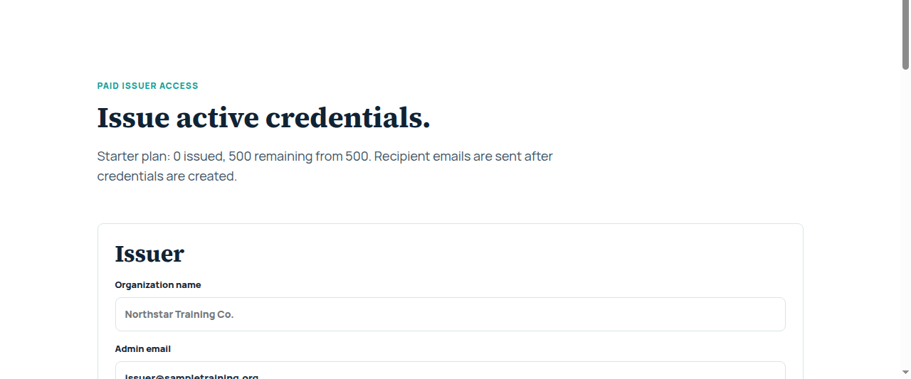 Paid issuer portal showing annual quota, recipient entry, and issuing controls.
