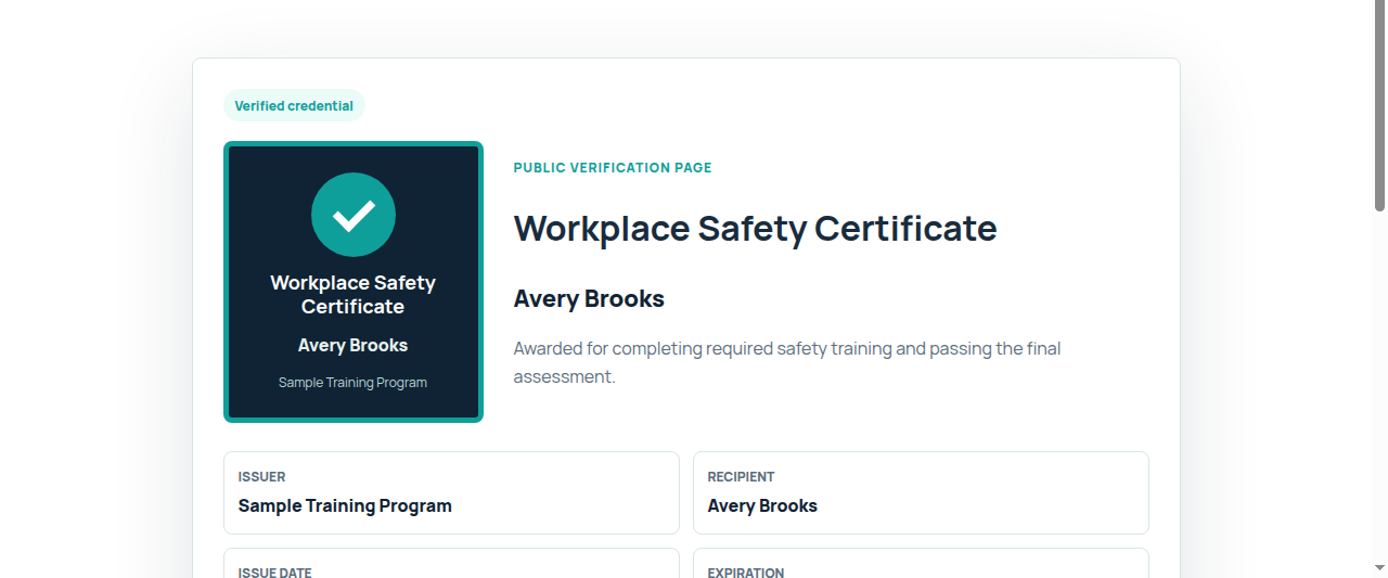 Public verification page for a training certificate with status, criteria, dates, recipient, issuer, and QR code.