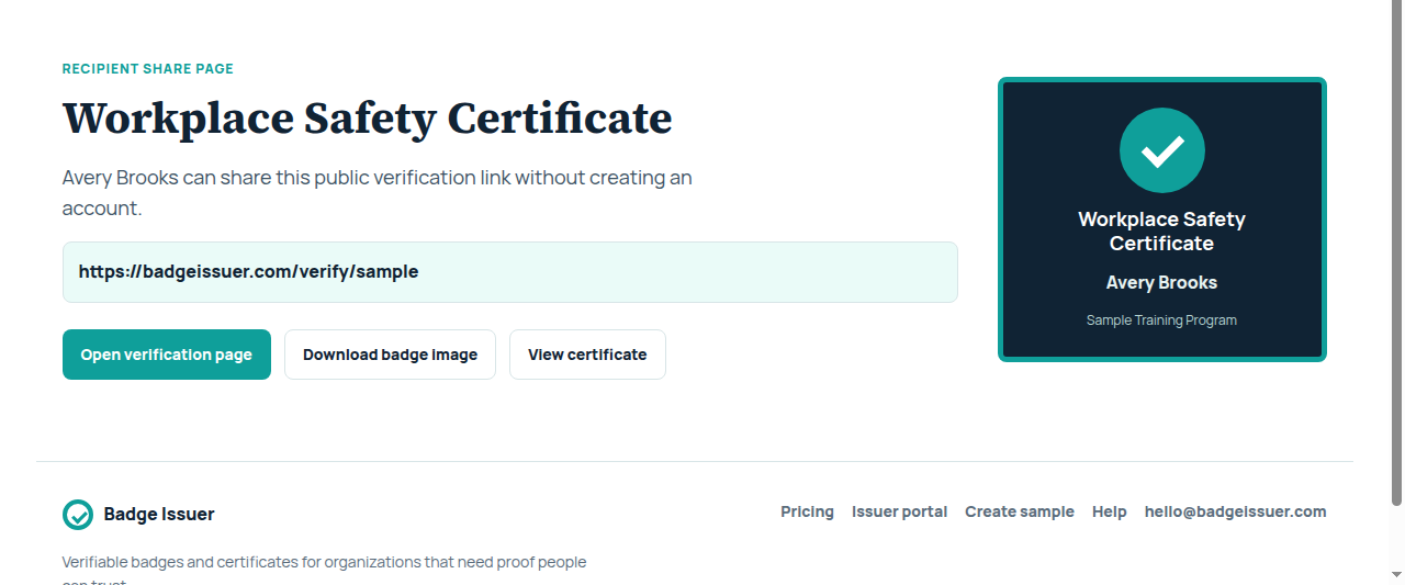 Recipient share page with verification link and certificate action.